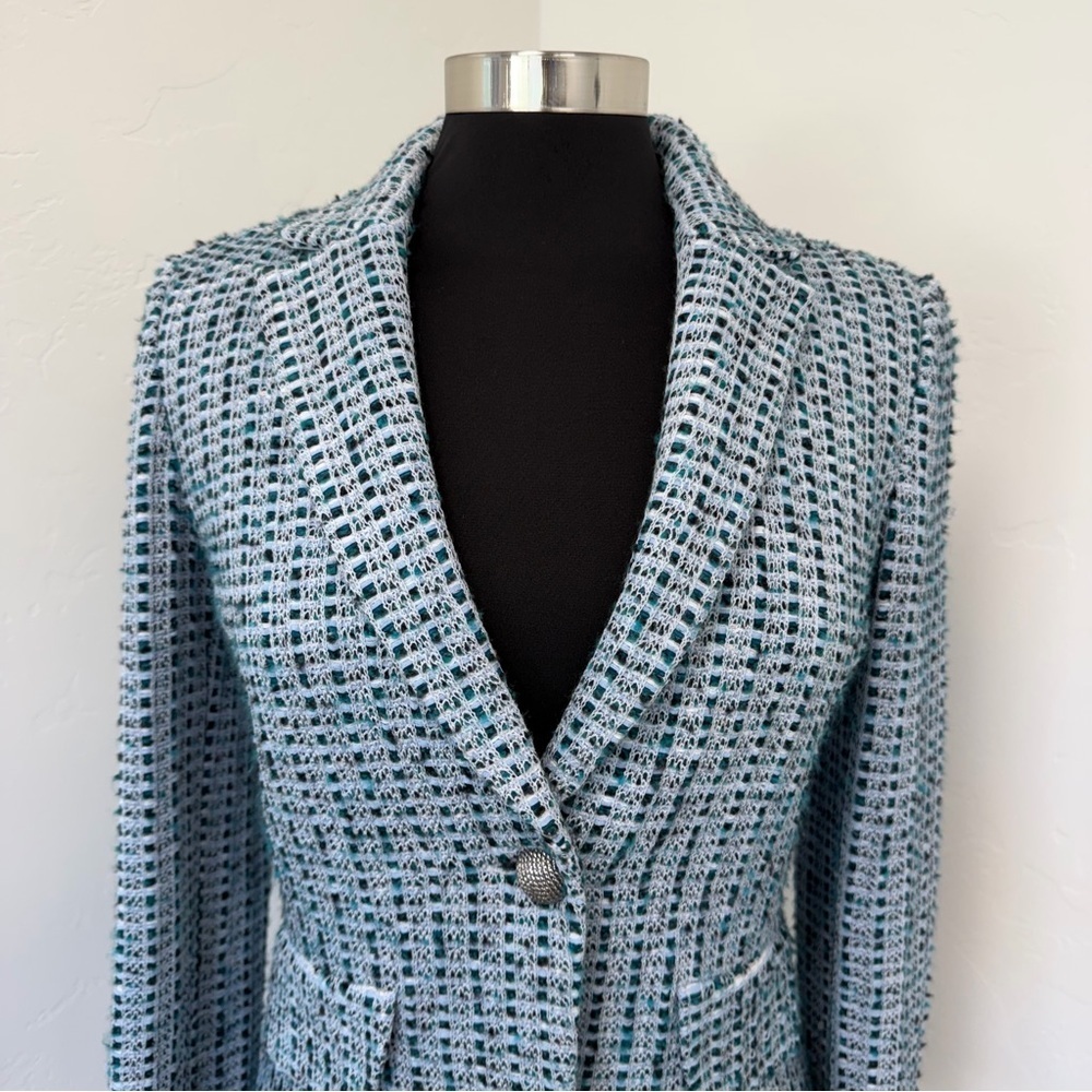 St. John Light Blue Wool Blend Tweed One Button Blazer Jacket Size 4 - Picture 3 of 12